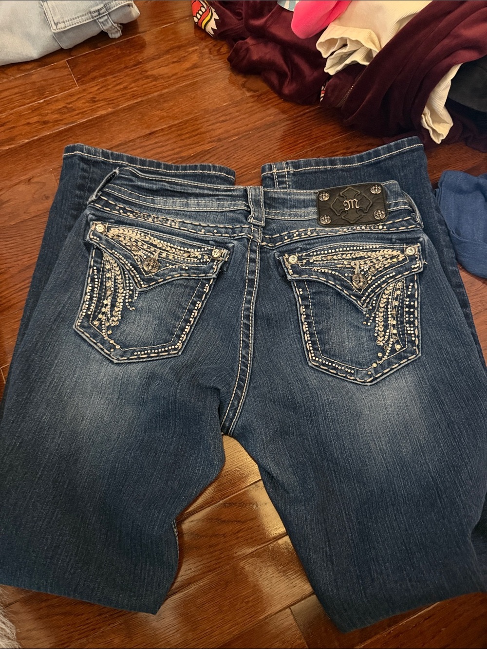 Miss Me Dark Blue Bootcut Jeans with Rhinestone Embellished Pockets